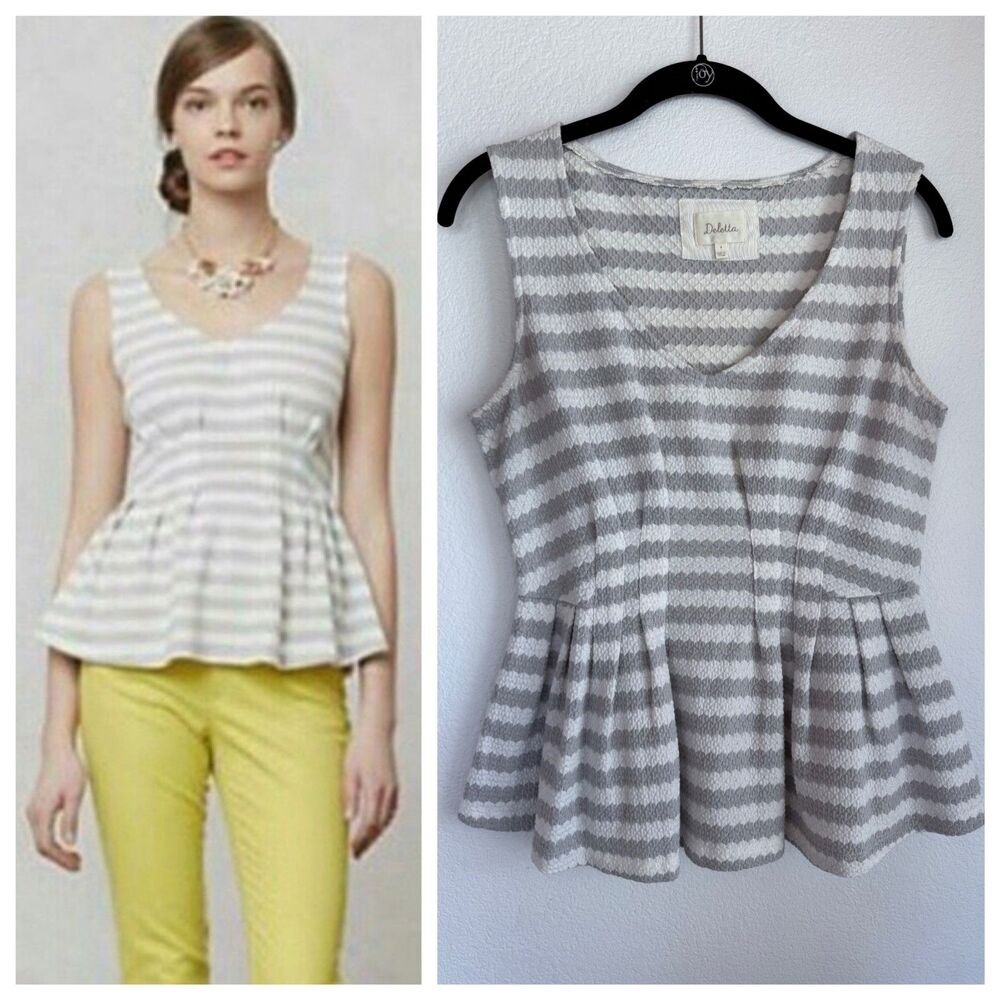 Anthropologie Deletta Gray & White Striped V-Neck Textured Sleeveless Peplum Top
